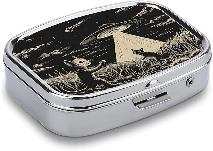 Metal 2 Compartment Pill Organizer Travel Friendly Portable Compact Pill Box Cute Pill Case to Hold Vitamins,Fish Oil,Supplements,Meds,Tablet for Purse,Pocket. (Cats and Spaceships)