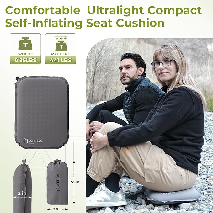 ATEPA Inflatable Stadium Seat Cushion, Self-Inflating Memory Foam Stadium Seats Bleacher Seat Chair Cushion Pad for Airplane Travel Backpacking Sports Events