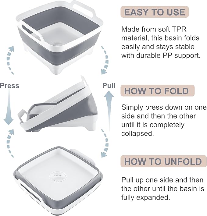 2.4 Gal(9L) Collapsible Dish Basin with Drain Plug - Multiuse Foldable Wash Basin for Baby Bottles, Space-Saving Multiuse Dish Tub, Kitchen Sink for Camping, Dishes Washing, RV (Gray)