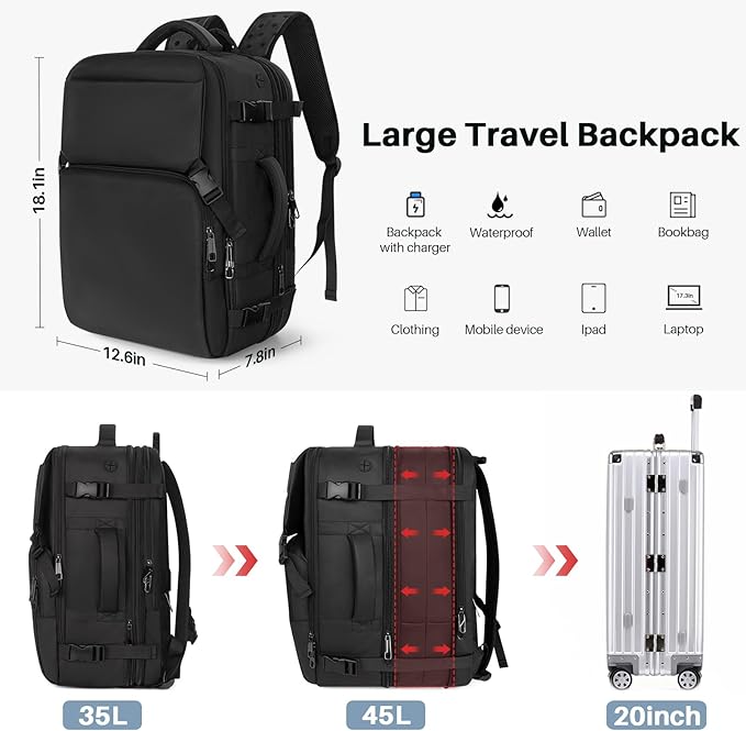 Travel Backpack Carry On Flight Approved, Lightweight Large Travel Backpack, Expandable with USB Charging Hole, Waterproof Causal Bookbag for Travel Work College Fits 17 inch Laptop, Black