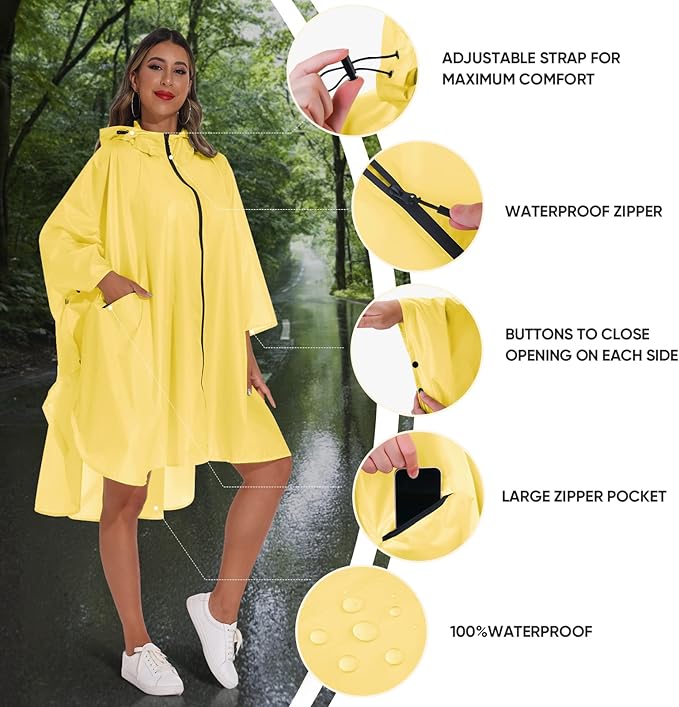 PTEROMY Hooded Rain Poncho for Adult with Pocket and Zipper, Waterproof Lightweight Raincoat for Men and Women