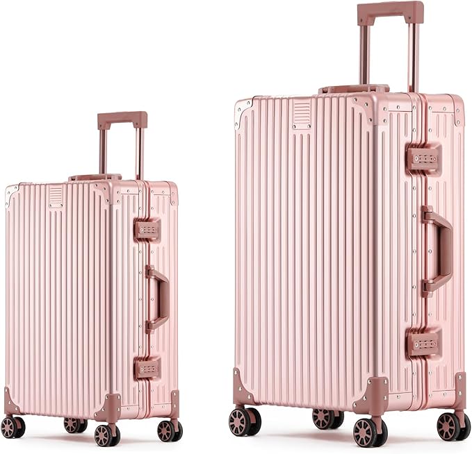 Metal All Aluminum Carry-on Luggage TSA Customs Lock Zipperless Silent Rotary Wheel Business Suitcase Aluminum Frame Set (rose gold, 2Piece(20/26))