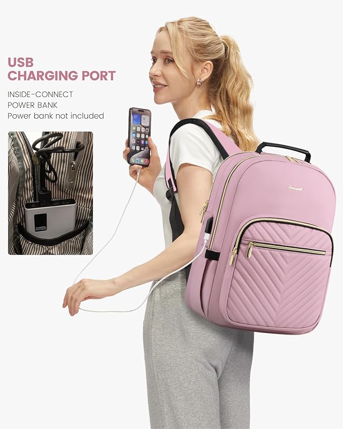 LOVEVOOK Laptop Backpack for Women, Travel Computer Work Bags with 17-inch Laptop Compartment, College School Student Bag Teen Backpacks For Girls, Outdoor Carry On Backpack Purse, Light Pink