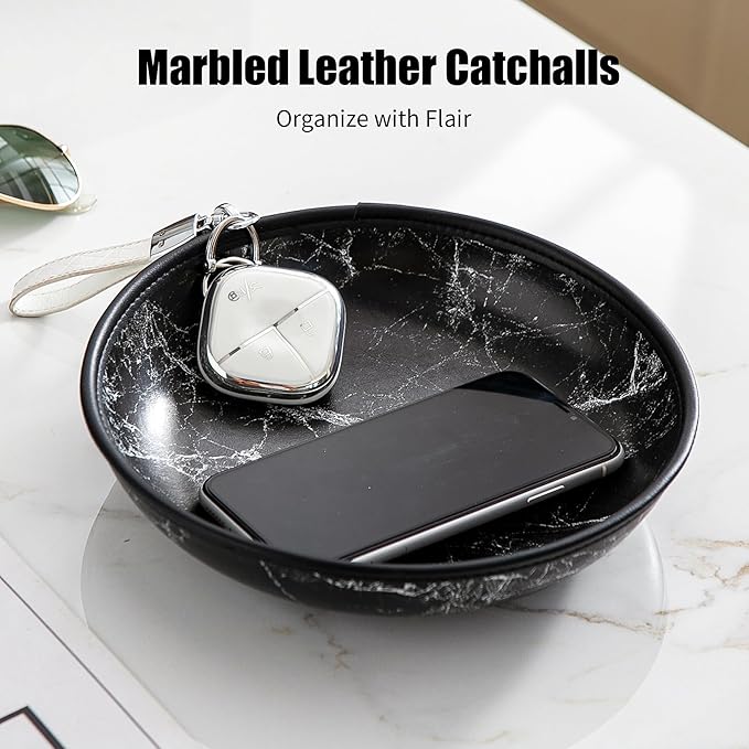 2025 Improved Design Round Marbled Leather Valet Tray Organizer Set of 2, Hard Leather Catchall Tray for Watches, Keys, Wallets, Jewelry & Candys on Desk, Bedside, Nightstand(Round Hard)