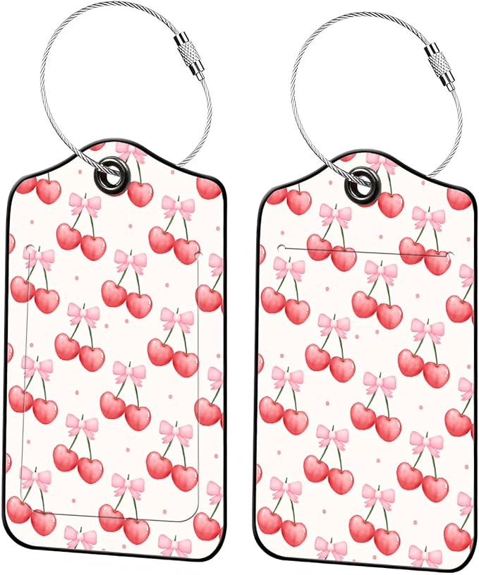 Luggage Tags for Suitcases, 2-Pack PU Leather for Cruise & Travel, Baggage ID Tags with Privacy Cover & Address Card, Durable Metal Ring, Kids Adults Travel Accessories, Sweet Bow Cherries