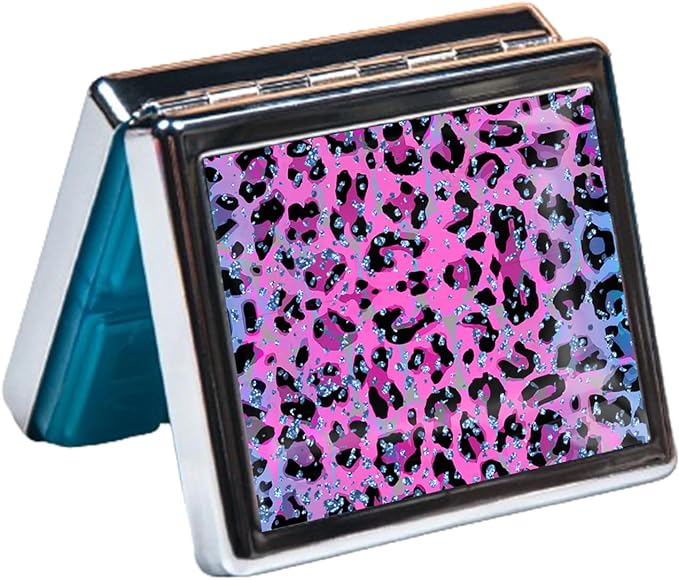 Silver Vintage Pill Box 7 Day Metal Pill Box with Mirror and 8 Compartments Cute Travel Pill Organizer for Purse (Pink Leopard Print)