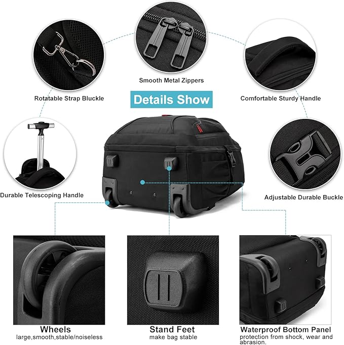 Rolling Backpack, Large Backpack with Wheels for Men Women Adults, 17inch Waterproof Wheeled Travel Laptop Backpack Carry on Luggage Bag Trolley Suitcase Business College School Computer Bookbag,Black