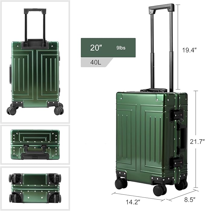 All Aluminum 20/28 Luggage Set，Cut from Whole Aluminum Sheet，22x14x9 Airline Approved ，（3rd Generation，Premium Metal zipperless suitcase ） (green, 20+28inch)