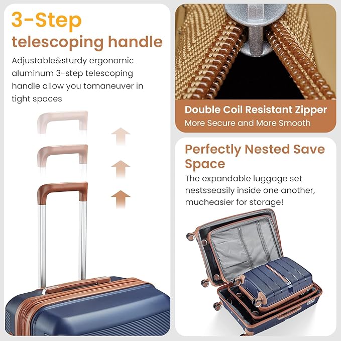 Campfun Luggage Sets 4 Piece, Expandable Carry On Luggage Set Hardshell PP, Suitcase Set with Double Spinner Wheels, Checked Durable Lightweight with TSA Lock, 14/20/24/28in, Blue Brown(A)