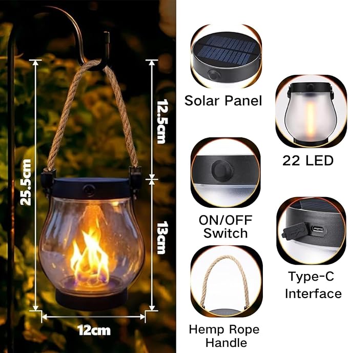 Solar Lantern Outdoor Lights, Flickering LED with Hemp Rope Handle, Dual Charging (Solar & USB), Water-Resistant Hanging Decor for Garden, Yard, Patio, Porch, Pathway, Camping (3)