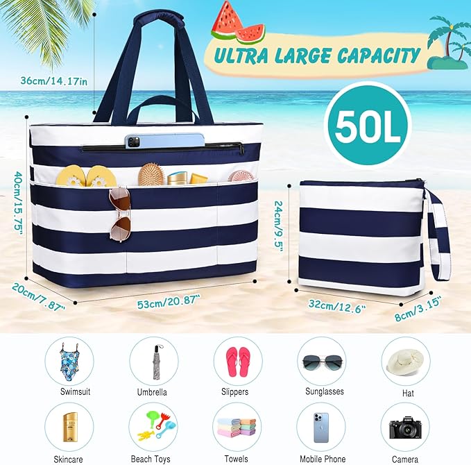 Extra Large Beach Bags for Women, Waterproof Sandproof Beach Tote Bag Zipper Foldable Swim Pool Bag with Wet Pocket
