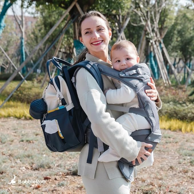 BabbleRoo Grow Carrier – 6-in-1 Baby Carrier with Hip Seat, Ergonomic, Cozy & Adjustable Toddler Carrier 7-50 lbs with Hip & Lumbar Support, Hood for Sun Protection, Newborn to Toddler, Gray