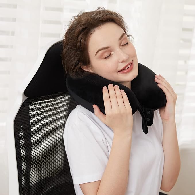 Travel Pillow, Best Memory Foam Neck Pillow Head Support Soft Pillow for Sleeping Rest, Airplane Car & Home Use (Black5)