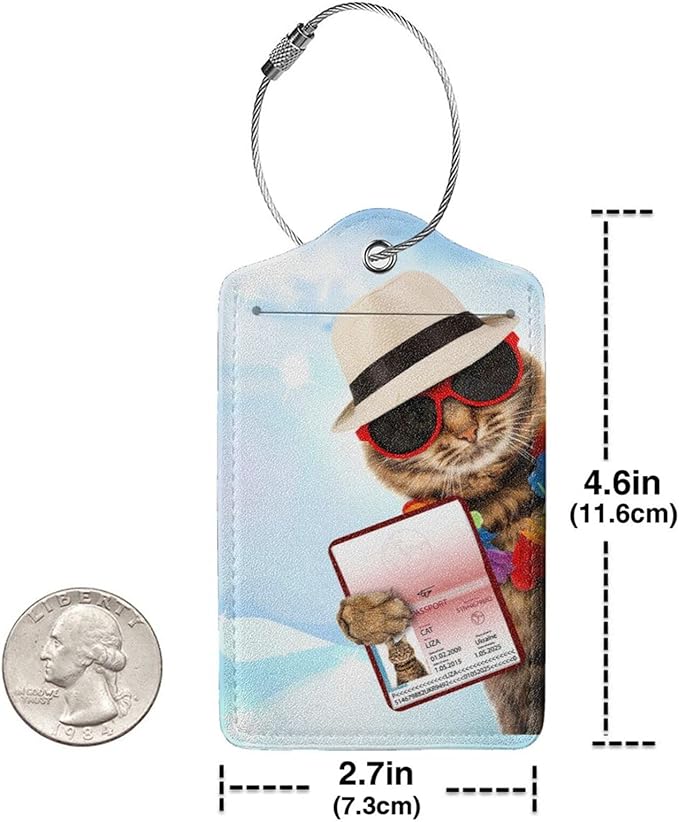 2 Pack Funny Cat Luggage Tags for Suitcases Women Men Kids, Bag Tags for Leather Luggage with Waterproof Suitcase Tags Privacy Cover Name ID Label Steel Loop for Travel Bag Suitcase (Funny Cat)