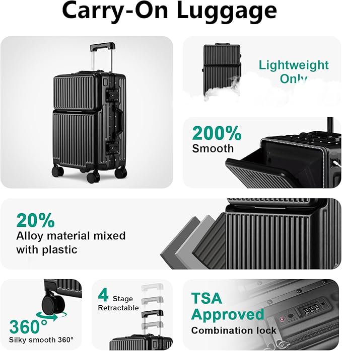 Hard Shell Luggage 24 Inch Travel Luggage, Carry-On Luggage Spinner TSA with Lid, ABS Aluminum Frame，Lightweight Travel Luggage 20'' 24'' 26''Carry-On (upgraded black, 24 inch)