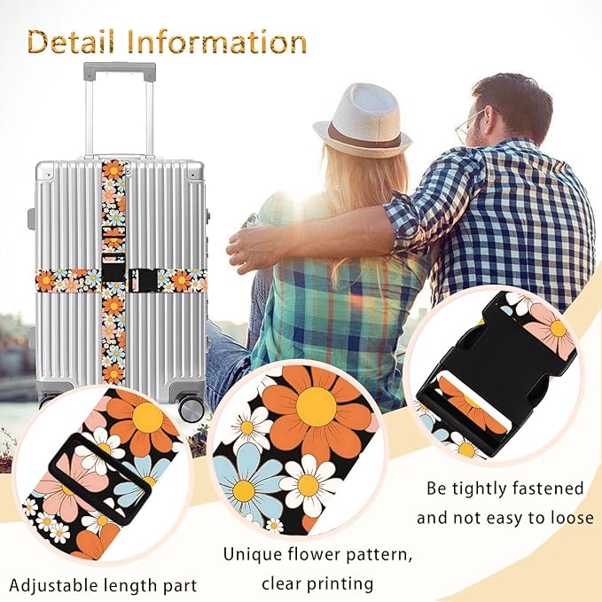 Orange Daisy Luggage Straps for Suitcases TSA Approved, Luggage Identifiers for Suitcase, Adjustable Suitcase Strap for Baggage Security with Cute Patten, Travel Necessary Accessories (2 Pack)