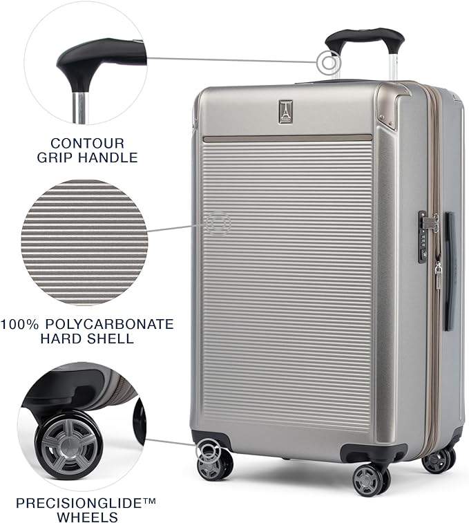 Travelpro Platinum Elite Hardside Expandable Checked Luggage, 8 Wheel Spinner, TSA Lock, Hard Shell Polycarbonate Suitcase, Metallic Sand, Checked Large 28-Inch