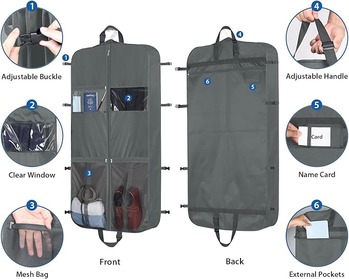 Zilink Upgraded Garment Bags for Travel Hanging Fur Coat Storage Bag Suit Bags for Men Storage with Adjustable Handles and Stable Buckles for Suit Shirts Coats Dresses, Grey