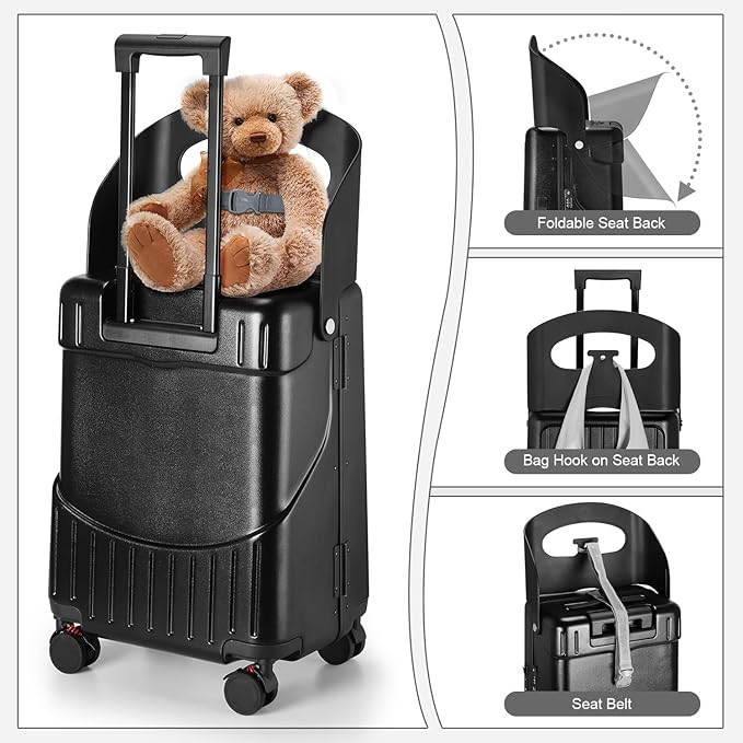 Ride On Luggage with Foldable Seat for Kids&Adults with Seat Belt,Hardshell Ride On Suitcase with Front Pocket,Lockable 4-Spinner Wheels,USB Port,TSA Lock,20 inch,Black