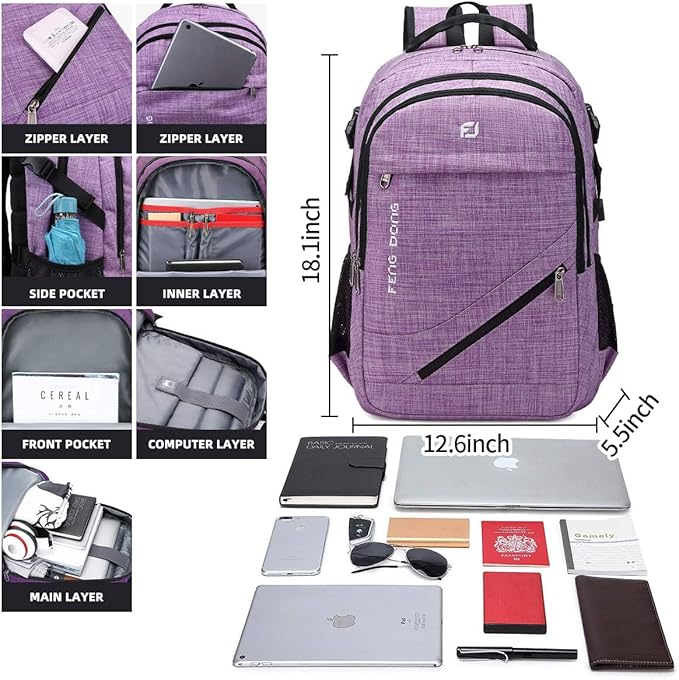 FENGDONG Large Laptop Backpack 17.3 inch Durable Waterproof Travel College Backpack Bookbag for Men & Women Business Backpack with USB Charging Port and Headset Port Light Purple
