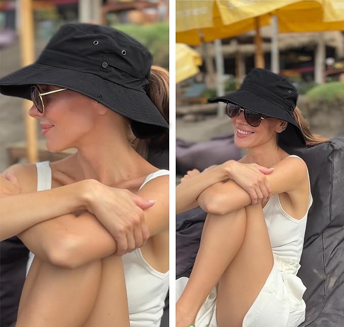 FURTALK Sun Hats for Women Ponytail UPF 50+ Beach Summer Hat Wide Brim Packable Cowboy Hat