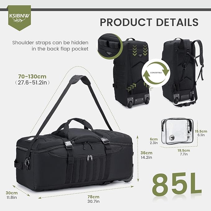 KSIBNW Rolling Duffel Bag with Wheels and Handle, 4 In 1 Tactical 86L Military Backpack with Hidden Straps,Waterproof Wheeled Large Duffle Bag for Travel,Durable MOLLE Luggage for Men & Women, Black