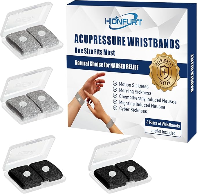 Motion Sickness Bands Anti Nausea Wristband for Adult and Kids Morning Sickness Relief for Pregnant Women Acupressure Nausea Relief for Car, Sea, Air Sickness - 2 Pairs Grey + 2 Pairs Black