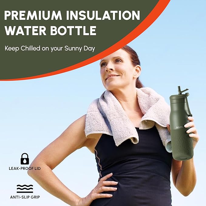 Insulated Stainless Steel Water Bottles with Straw, Wall Vacuum Insulated Water Bottle for Gym Traveling Camping Hiking Outdoor Activity(2 Cleaning Brushes+1 Carabiner, 18 oz Green)