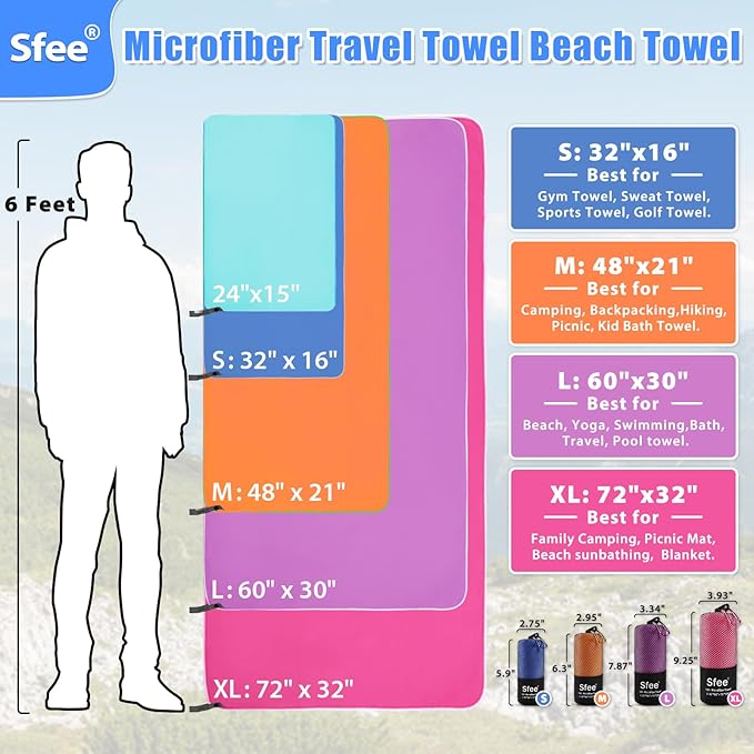 Sfee 2 Pack Microfiber Travel Towel, Quick Dry Towel Camping Towel Super Absorbent Compact Lightweight Sports Swim Gym Beach Towels Set for Gym, Hiking, Pool, Backpacking, Bath, Yoga