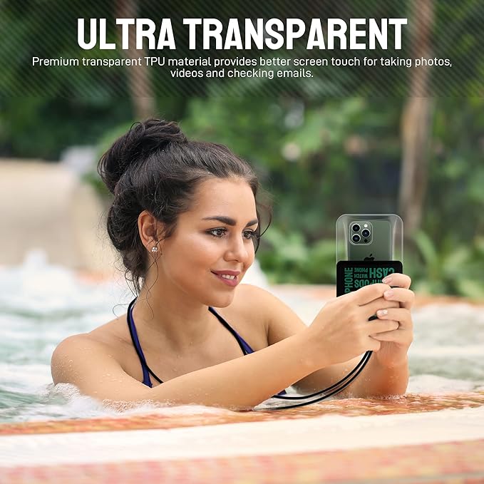 Universal Waterproof Phone Pouch [Double Space] IPX8 Dry Bag with Lanyard for iPhone 16 15 14 13 12 Pro Max XS XR X Galaxy S25 S24 S23 Ultra, Fit All Phones Up to 8'', Black/Green