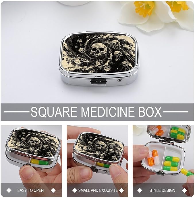 Metal 2 Compartment Pill Organizer Travel Friendly Portable Compact Pill Box Cute Pill Case,for Pocket Wallets Daily Portable Medicine Vitamin Tablet Storage (The Skeleton in The Vortex)