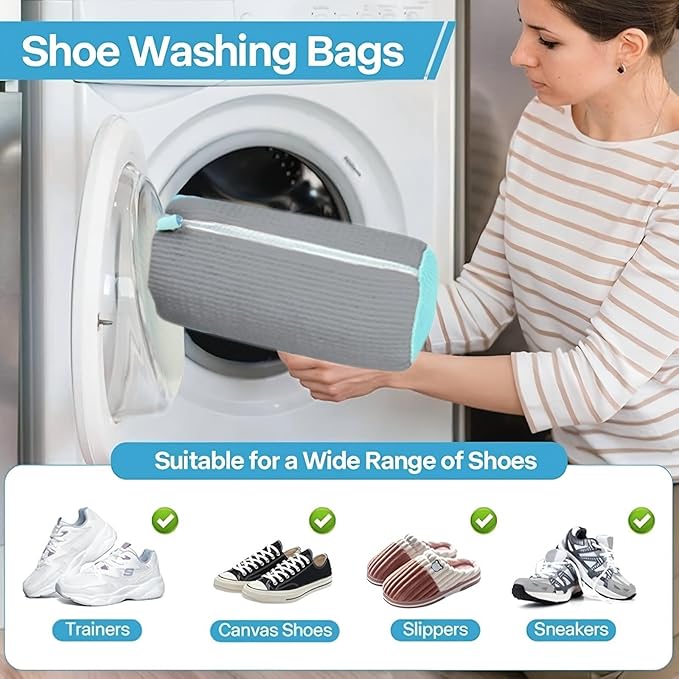 Shoe Cleaning Bag, Washing Machine Shoe Bag, Reusable Sneaker Cleaning Bag, Suitable for Washing Machines and Dryers, Shoe Cleaning Bag with Side Zipper and Hanging Cord (2-Pack, Gray)
