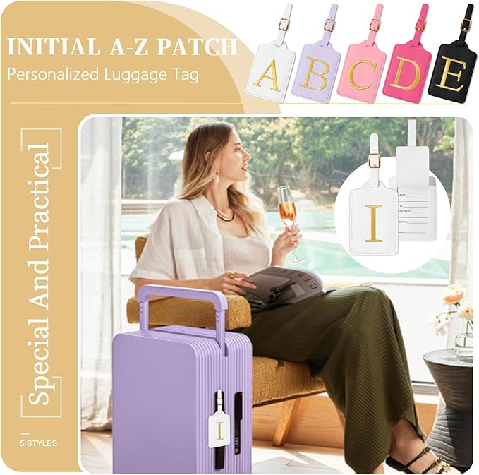 Personalized Initial Luggage Tags for Suitcase TSA Approved, White Leather Cute Luggage Tag with Privacy Cover Name Card, Embroidered Custom Luggage Tags Travel Baggage Tags Gifts for Women Kids(I)
