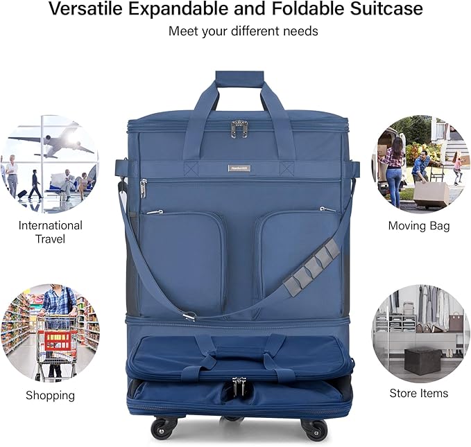 Hanke Expandable Collapsible Luggage with Wheels Suitcase Luggage Rolling Travel Bag Duffel Bag for Men Women Lightweight Suitcase Large Capacity Luggage with Spinner Wheel (Blue)