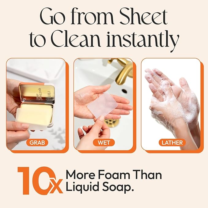 FOMIN - Antibacterial Paper Soap Sheets Tin for Traveling - (300 Sheets) Orange - Portable Travel Hand Soap Sheet, Dissolvable Mini Camping Hand Soap for Hand Washing