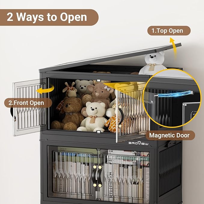 BROVIEW 240Qt Stackable Storage Bins with Lid, Extra Large Closet Organizer Collapsible Drawer Boxes with Wheels, Folding Plastic Cabinet Containers for Home Kitchen Room Organization, 3Pack Black