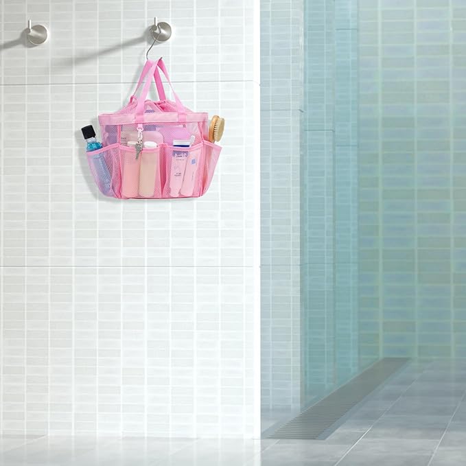F-color Mesh Shower Caddy Portable with Drawstring - Upgrade Deeper 7 Pockets Dorm Room Essentials for Guys Girls with S Hook, Shower Bag Basket Tote for College Camping Bathroom, 2 Pack Pink