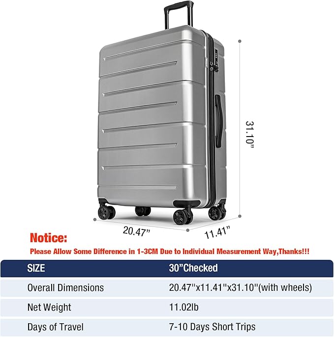 KYME Suitcases with Wheels Hardshell 30 Inch Luggage TSA Approved Large Checked Luggage Durable Travel Rolling Suitcase with Cup Holder for Women Men Silver Grey
