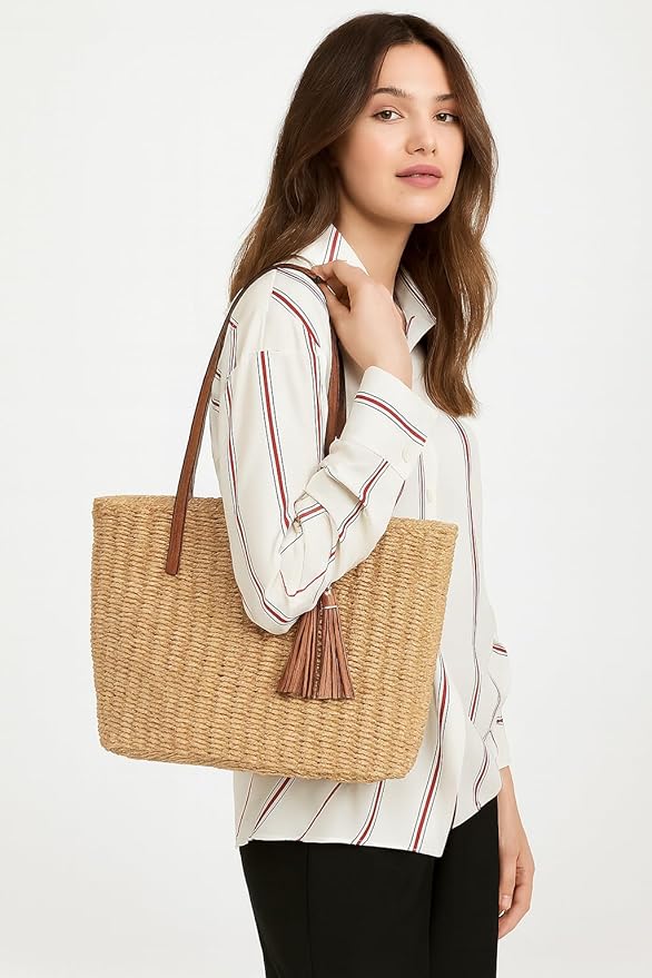 YXILEE Straw Bags For Women | M Size Travel Straw Totes Bag Woven Summer Handmade Shoulder Bag Handbag