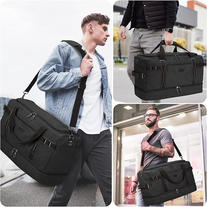 ZOMFELT Travel Duffle Bag for Men, Waterproof Canvas Overnight Duffel Bag with Removable Dividers & Shoe Compartment, Carry On Weekender Gym bag, Multi-Pocket & Vintage Design (Washed Black)