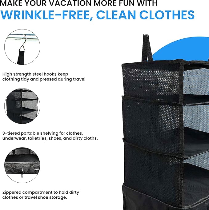 Grand Fusion Stow-N-Go Travel Luggage Organizer – Portable Hanging Travel Shelves, Carry-On Closet Organizer, Hanging Packing Cubes, Collapsible Carry-On Organizer for Cruises & Hotels. Black - XL