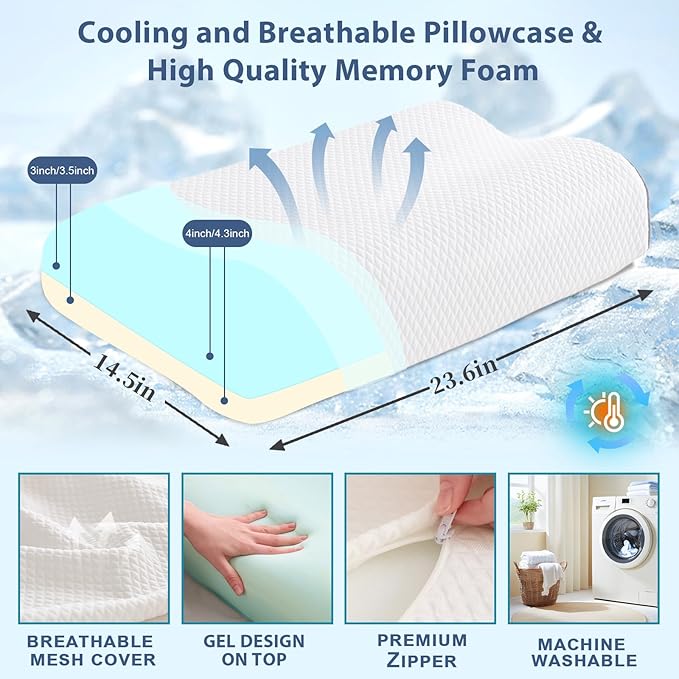 Memory Foam Pillows Cervical Pillow for Neck Pain Relief, Ergonomic Pillow for Shoulder Pain, Orthopedic Contour Pillow for Side Sleepers, Neck Support Pillows for Sleeping with Cooling Pillowcase