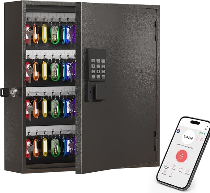 WeHere Smart Key Lock Box, Wall Mounted Key Cabinet with 120 Key Tags, Bluetooth App Control, OTP & Password Unlock, Wi-Fi Remote Unlock (Bridge Required), Steel Key Safe for Office Home Business