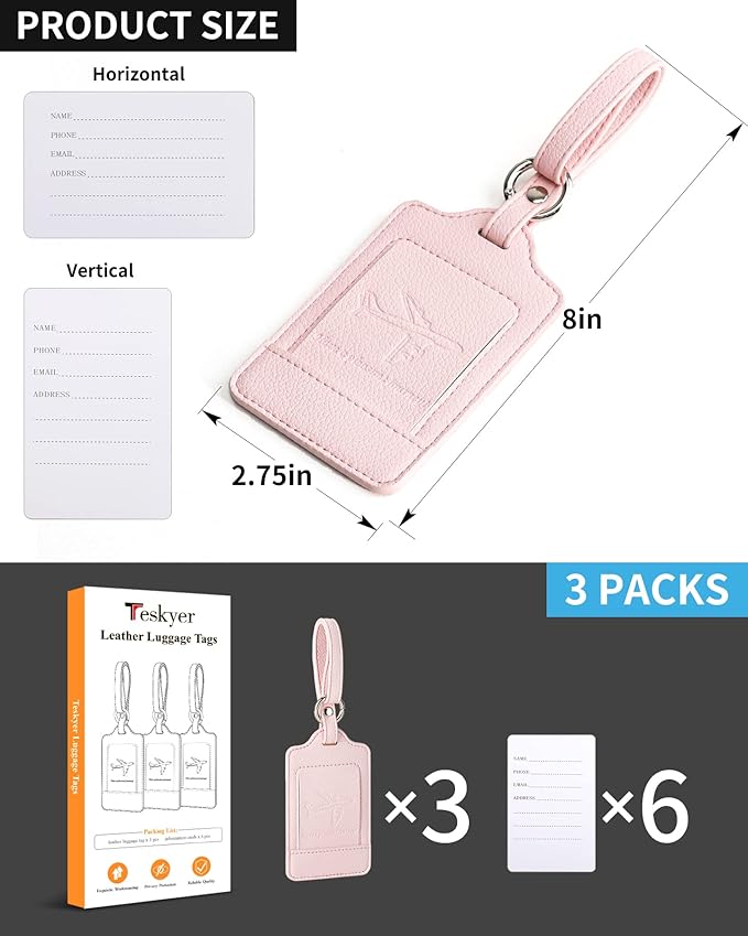 Teskyer Luggage Tags, 3 Pack Premium PU Leather Luggage Tags for Suitcases, Privacy Protection Travel Bag Tags, Lichee Light Pink