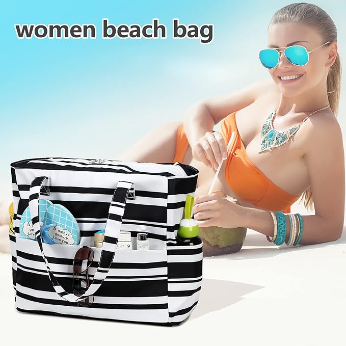 LEDAOU Large Beach Tote Bag Women Waterproof Sandproof Zipper Beach Tote Bag for Pool Gym Grocery Travel with Wet Pocket