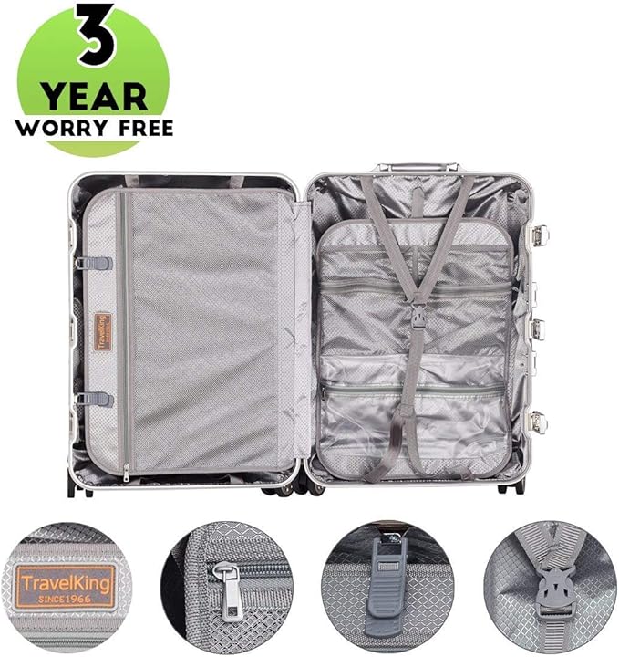 TRAVELKING All Aluminum Luggage Zipperless Hard Shell Suitcase with TSA Lock Spinner Wheels Lightweight Metal Alloy Suitcases (Silver, 24 inch)