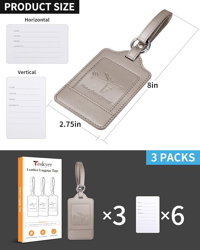 Teskyer Luggage Tags, 3 Pack Premium PU Leather Luggage Tags Privacy Protection Travel Bag Labels Suitcase Tags