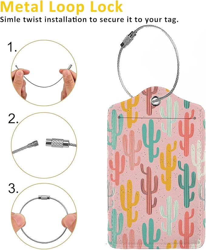 Multicolored Cactus 2 Pcs Luggage Tags,Privacy Cover ID Label with Stainless Steel Loop and Address Card for Travel Bag Suitcase