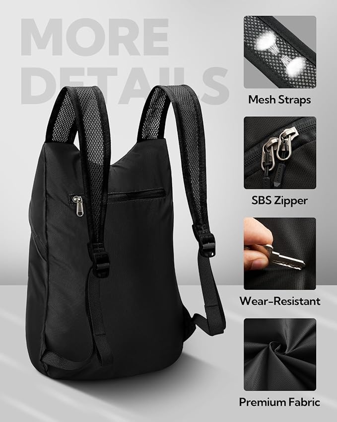 WATERFLY Foldable Lightweight Hiking Backpack: 15L Packable Traveling Daypack Men Women Ultralight Thin Casual Day Pack Bag for Outdoor Sports Camping Beach Park (Black)
