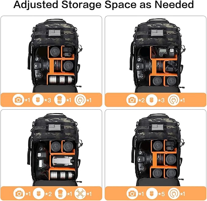 MOSISO Camera Backpack, DSLR/SLR/Mirrorless Photography Tactical Camera Bag Case with Tripod Holder & 15-16 inch Laptop Compartment & USA Flag Compatible with Canon/Nikon/Sony, Night Camouflage